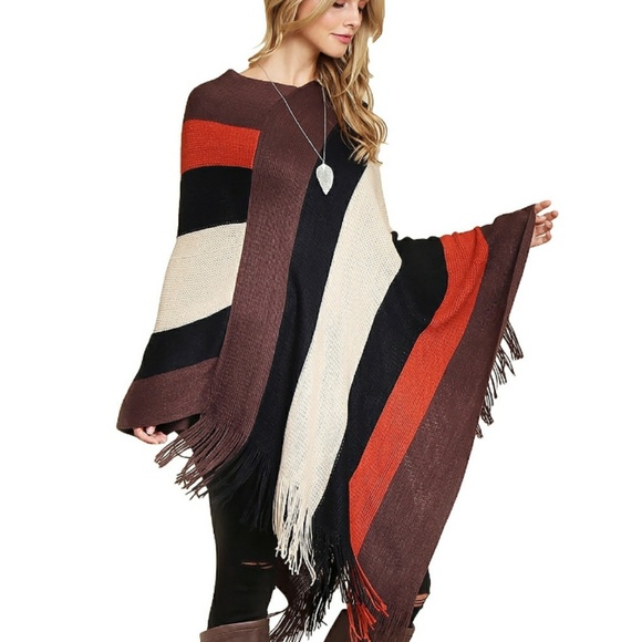 Colorblock Knit Fringe Poncho - Picture 2 of 2